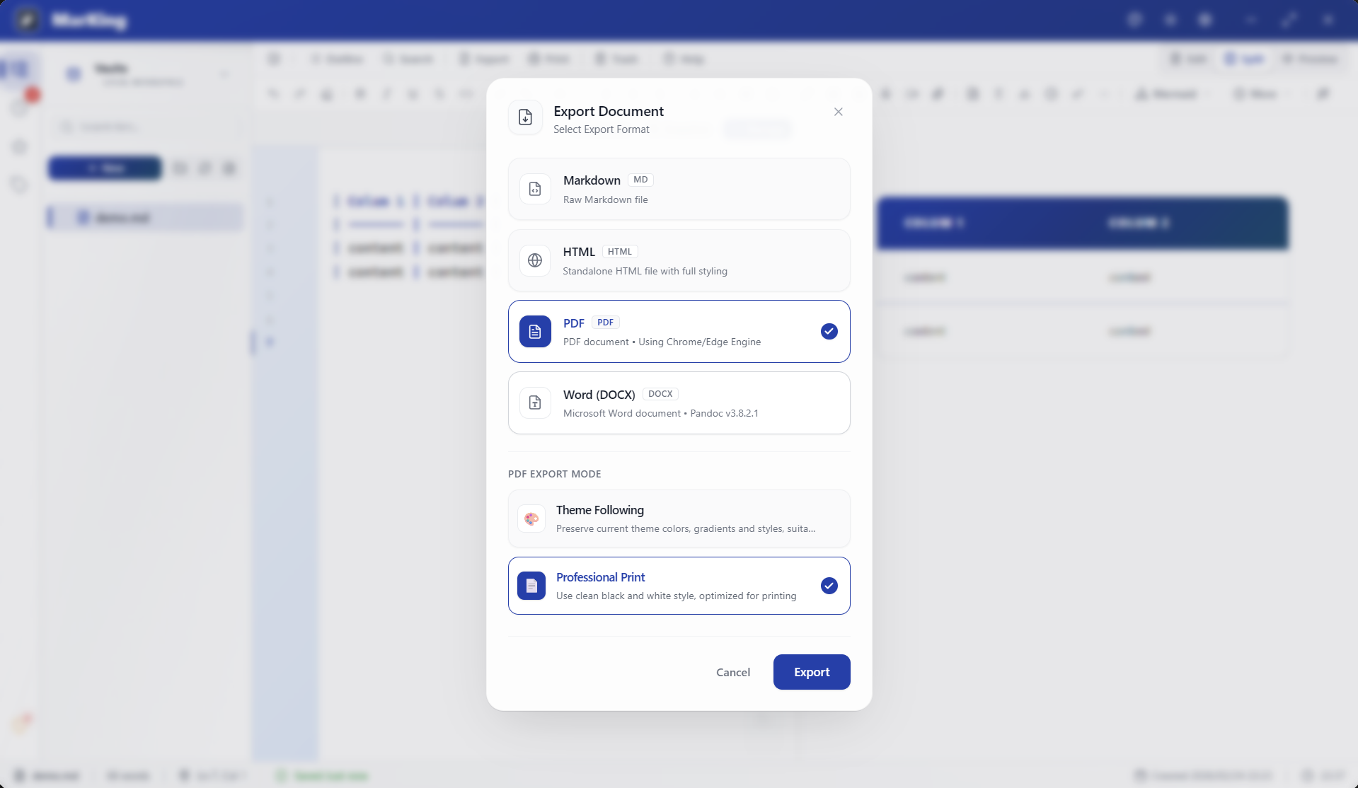 MarKing Export Features - Multi-format Professional Document Export