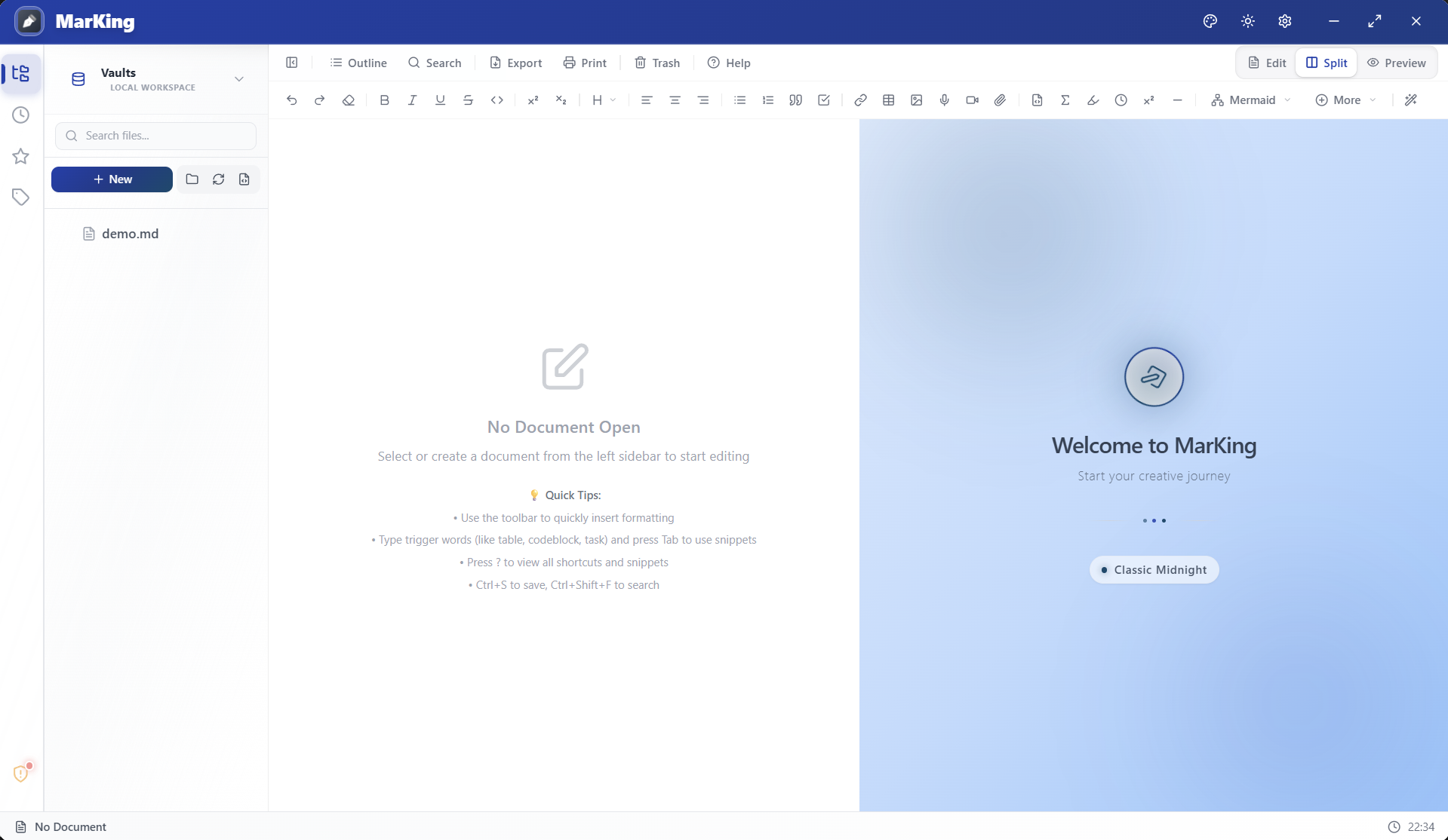 MarKing Main Interface - Professional Markdown Editing Environment